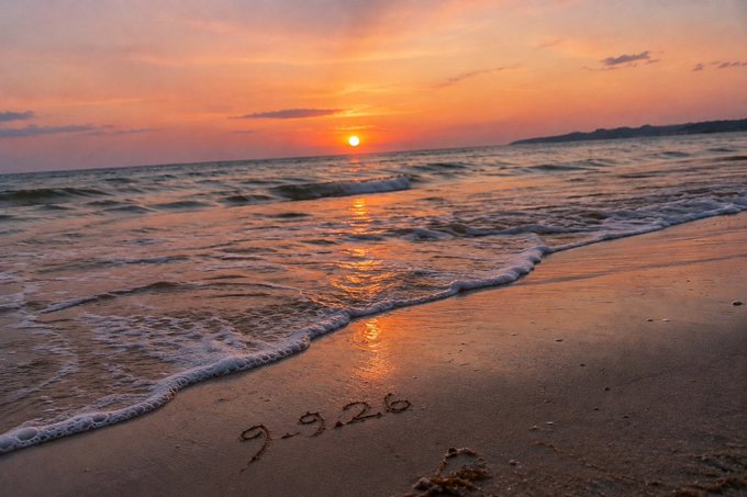 A serene beach sunset scene with the date '9.9.26' written in the sand.