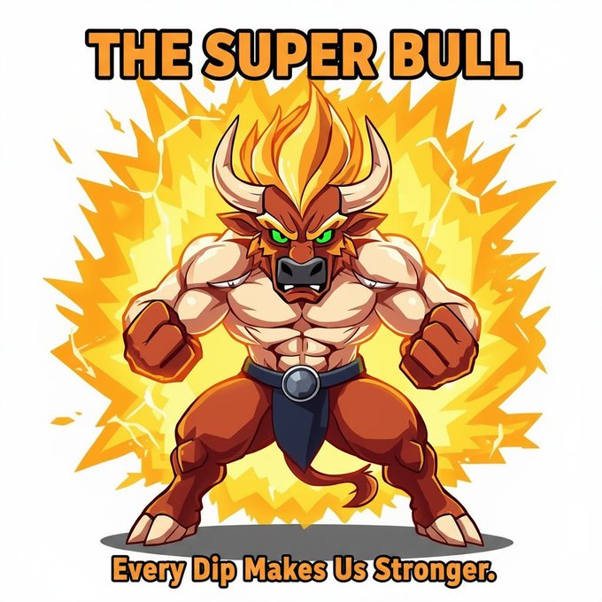 Cartoon image titled 'THE SUPER BULL' depicting a muscular minotaur-like bull character surrounded by flames with the tagline 'Every Dip Makes Us Stronger.'