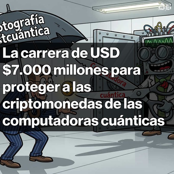 A Spanish-language graphic about 'criptografía postcuántica' featuring an old man with an umbrella confronting a giant scissors-wielding robot, with text reading 'La carrera de USD $7.000 millones para proteger a las criptomonedas de las computadoras cuánticas.'