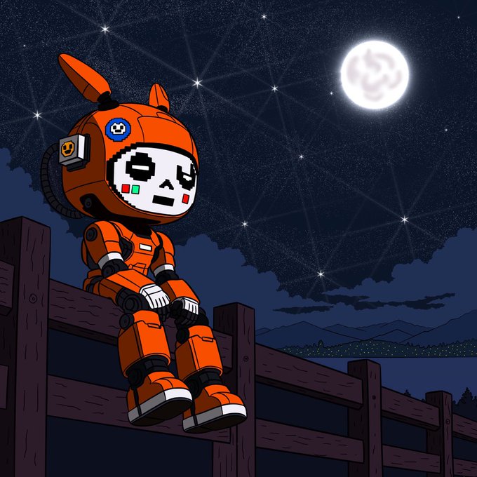 A digital illustration of an orange robotic character with bunny-like ears sitting on a wooden fence under a starry night sky with a full moon.