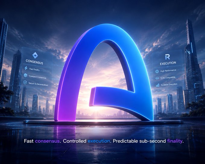 A glowing blue and purple arch-shaped monument stands against a futuristic cityscape at sunset, flanked by two transparent info panels labeled "CONSENSUS" (highlighting Fast Finality, Compact Consensus, Secure & Decentralized) and "R EXECUTION" (highlighting High Performance, EVM Compatible, Scalable Execution). The tagline reads "Fast consensus. Controlled execution. Predictable sub-second finality." — visually representing Arc's split binary architecture that separates Malachite consensus from Reth/EVM execution to achieve independent scalability.