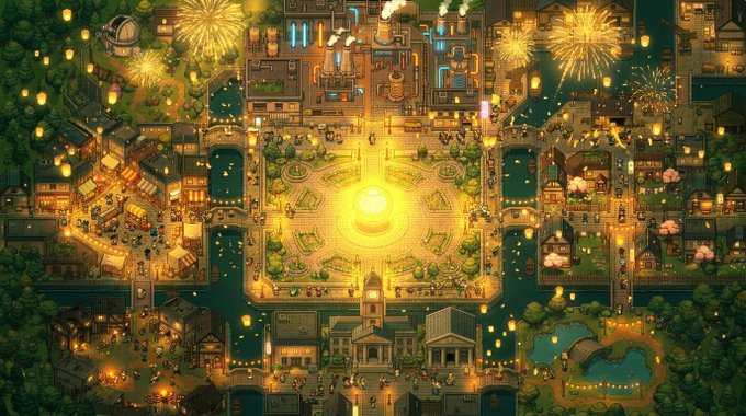 A vibrant pixel-art scene depicting a bustling town at night, illuminated by lanterns and fireworks, featuring a central glowing plaza surrounded by buildings, canals, and small characters.