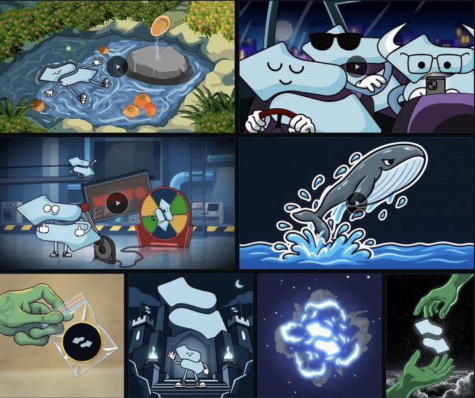 A collage of nine cartoon-style animated scenes featuring various surreal characters and scenarios, including a piece of paper, a whale breaching, and a ghost in a castle.