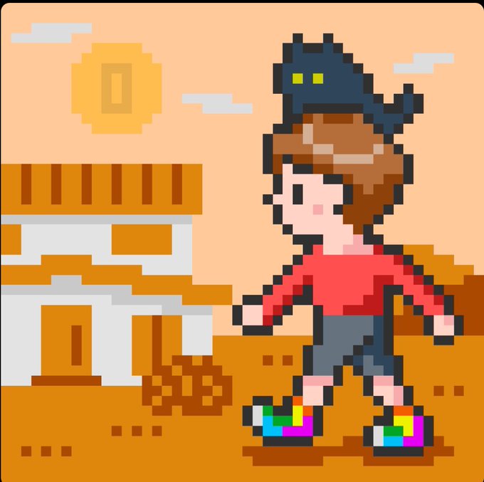 An 8-bit pixel art style image showing a person with brown hair, a red shirt, and colorful shoes walking to the right, with a black cat on their head, set against a sandy desert town background.