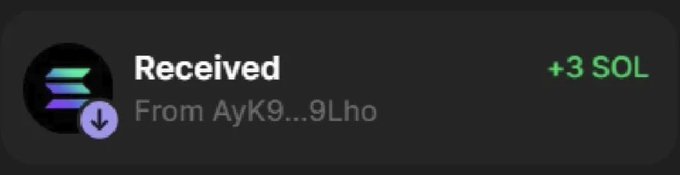 A wallet transaction notification shows a receipt of "+3 SOL" from address "AyK9...9Lho" with the Solana logo. This illustrates the prompt's scenario, where the sender is following through on their offer of 3 SOL and asking the recipient how they would invest it.