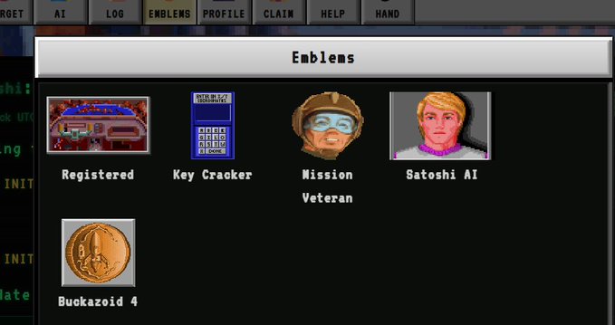 A retro computer interface shows an 'Emblems' window with pixel-art badges labeled 'Registered', 'Key Cracker', 'Mission Veteran', 'Satoshi AI', and 'Buckazoid 4'.