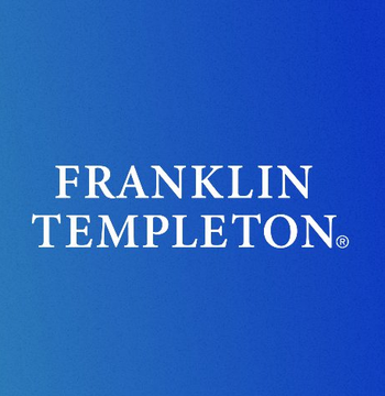 The image shows the Franklin Templeton logo in white text on a blue gradient background. It accompanies a post from "Franklin Templeton Digital Assets" promoting Bitcoin adoption and warning investors not to be left behind, with the "$2B" likely referencing the size of their digital assets division.