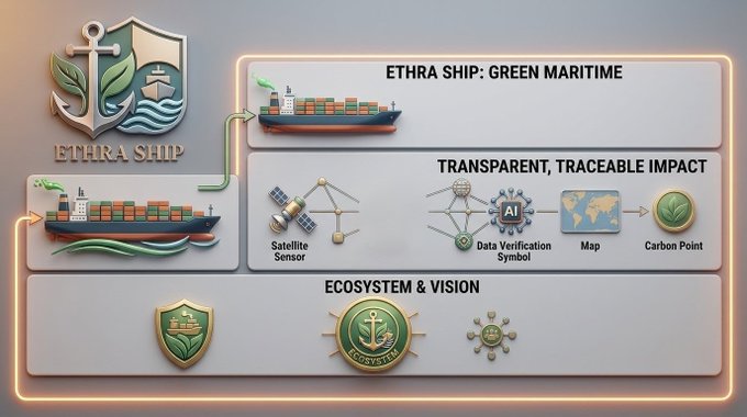 An infographic for ETHRA SHIP detailing green maritime initiatives, showing cargo ships alongside diagrams of satellite sensors, AI data verification, global mapping, and carbon point tracking, with an 'ECOSYSTEM & VISION' section at the bottom.