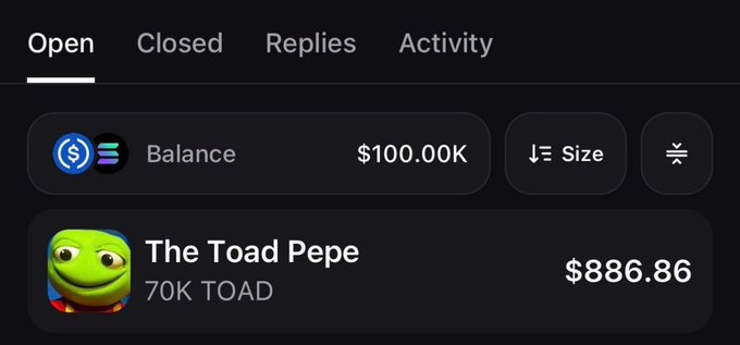 A screenshot of a cryptocurrency trading interface showing tabs for Open/Closed/Replies/Activity, with a balance of $100.00K and 'The Toad Pepe' token (70K TOAD) priced at $886.86.