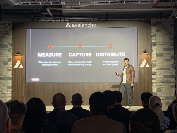 A man in a brown jacket giving a presentation on a stage. The screen behind him displays the Avalanche logo and the steps 'MEASURE', 'CAPTURE', and 'DISTRIBUTE'.