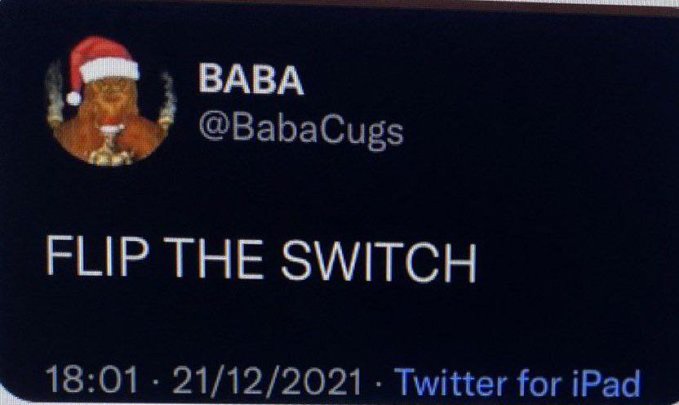 Tweet from "BABA" (@BabaCugs) with display name "FLIP THE SWITCH" posted at 18:01 on 21/12/2021 via Twitter for iPad.