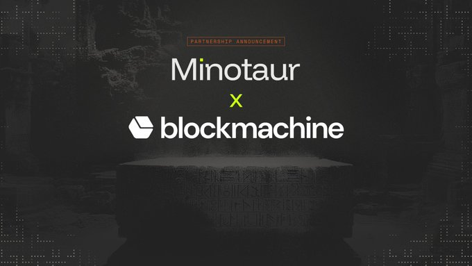 The image is a partnership announcement graphic featuring "Minotaur x Blockmachine" logos in white and yellow text against a dark, textured background with a stone platform. It visually promotes a collaboration between the two blockchain projects, aligning with the post's message about the need for decentralized RPC infrastructure to reduce unsustainable costs from centralized providers.