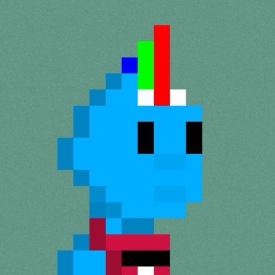 A pixel art blue dinosaur character with colorful red, green, and blue bars on its head against a teal background.