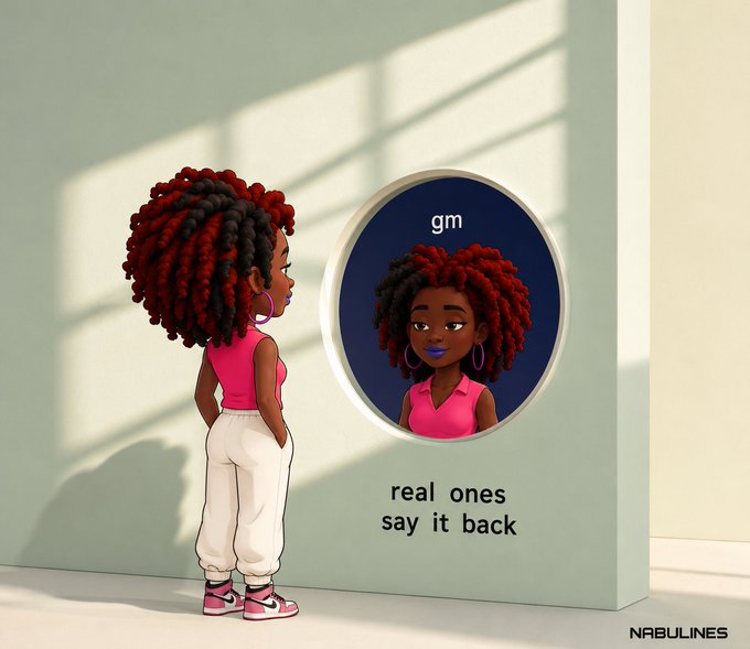 The image features a cartoon girl with red hair standing next to a mirror that shows her reflection. The girl appears to be looking at herself in the mirror, possibly contemplating something or simply admiring her appearance. The caption of the image reads "gm good morning everyone One thing I appreciate more over time is products that quietly improve efficiency without forcing me to constantly think about it". This message seems to be related to a product review or advertisement for a service, as indicated by the use of the word "@useTria" in the caption.