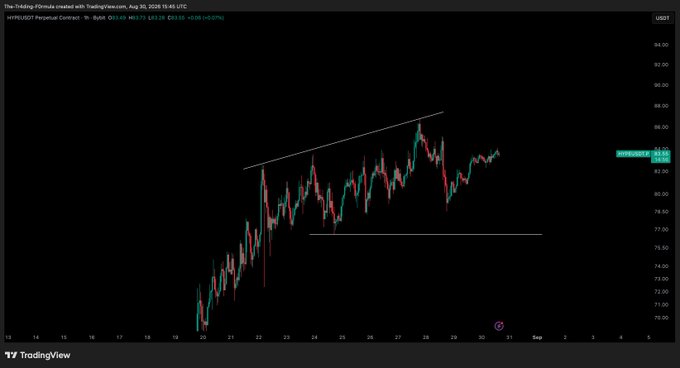 A 1-hour candlestick chart of the Hyperliquid (HYPE/USDT) perpetual contract on TradingView shows price action consolidating between approximately $80.60 and $88.40, consistent with the post's note of no update or entry as the asset trades mid-range.