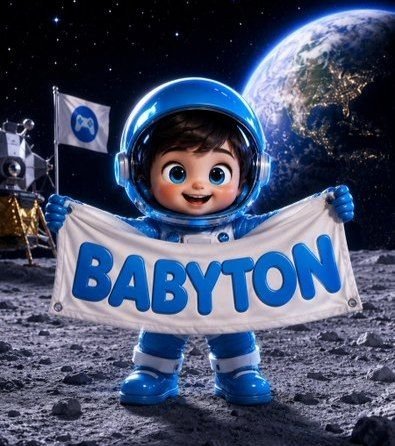 A 3D-rendered baby in a blue astronaut suit holding a "BABYTON" banner on a lunar surface with Earth in the background and a lunar lander with a flag to the left.