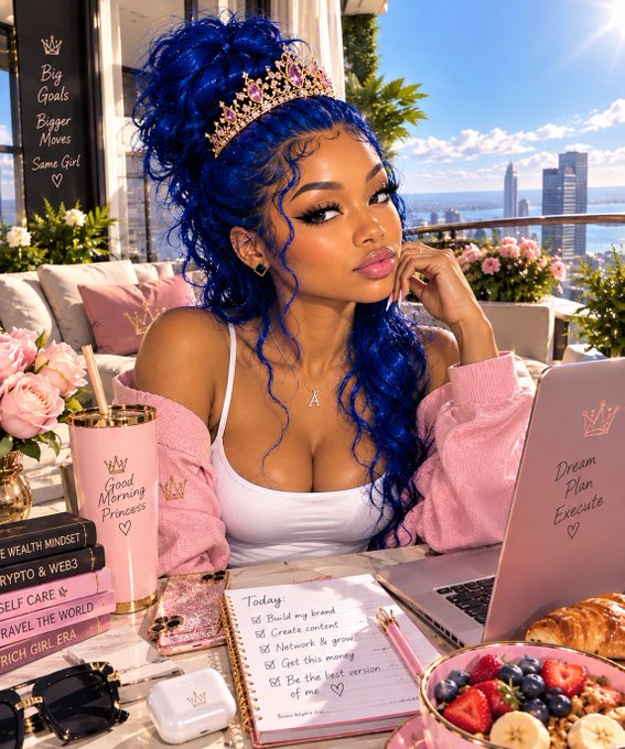 An AI-generated image of a woman with vibrant blue hair and a tiara sitting at a pink-themed outdoor desk with a laptop displaying 'Dream Plan Execute', a notebook with 'Today' checklist, and motivational signs.