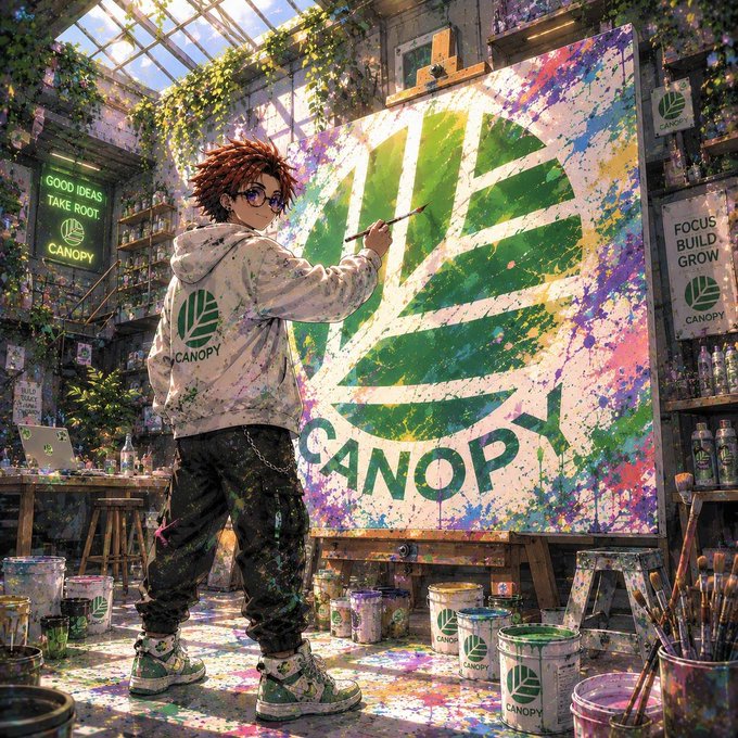 Anime-style illustration of a person in a paint-splattered Canopy hoodie painting a large Canopy logo mural in a sunlit art studio.