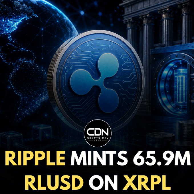 A dark-themed promotional graphic featuring a large blue Ripple (XRP) logo coin centered against a backdrop of a glowing digital globe and classical columns with a vault, headlined with the bold text "RIPPLE MINTS 65.9M RLUSD ON XRPL" and credited to "CDN Crypto Dyl News"—visually emphasizing Ripple's significant stablecoin minting event on the XRP Ledger.