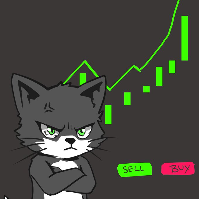 An illustration of an angry gray cat with green eyes and crossed arms stands in front of a green rising stock chart, with green 'SELL' and red 'BUY' buttons below.