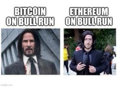 This meme humorously depicts Bitcoin and Ethereum on a "bull run," comparing Bitcoin to a stoic Keanu Reeves and Ethereum to someone cosplaying as him, implying a difference in their perceived performance during such market phases.