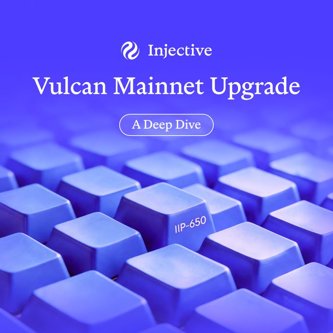 The image features a close-up view of a keyboard with blue keys that are slightly overlapping each other, creating an interesting pattern. The text "Injective" is written at the top of the image, while "Vulcan Mainnet Upgrade" is displayed below it. The background of the image is a solid purple color, and there's also some text in white that reads "A deep dive". This suggests that the image might be related to an article or proposal about the Injective platform, which could potentially be about the Vulcan Mainnet Upgrade.