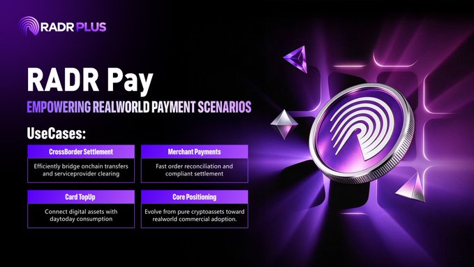 A promotional graphic for "RADR Pay" by RADR Plus, featuring a silver coin with a fingerprint-style logo against a purple geometric background, alongside four use cases: CrossBorder Settlement, Merchant Payments, Card TopUp, and Core Positioning. The image visually reinforces the post's message of bridging digital assets with real-world payment scenarios.
