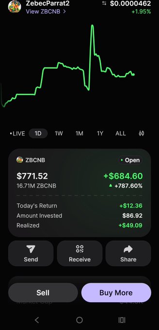 A cryptocurrency portfolio app screenshot showing ZebecParrat2 (ZBCNB) trading at $0.0000462 (+1.95%), with a chart showing a price spike, 16.71M ZBCNB holdings worth $771.52 (+787.60%), and a $86.92 investment.