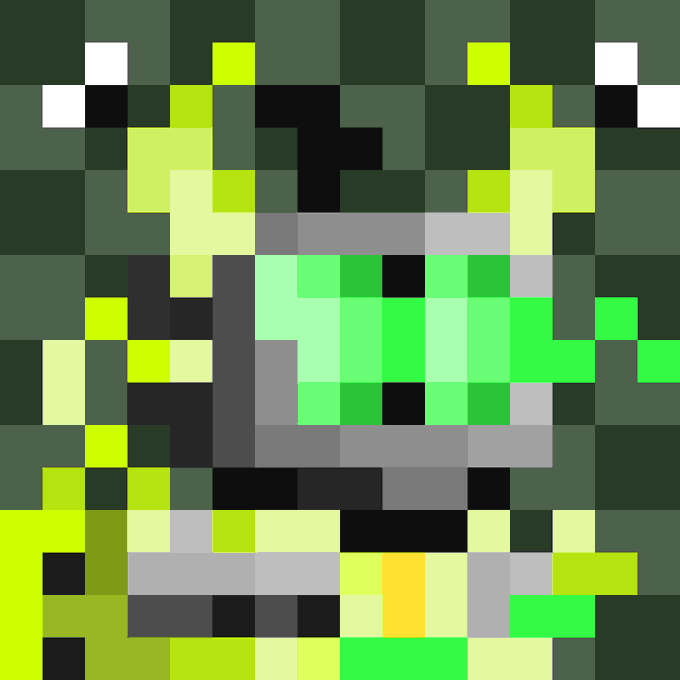 A pixel art sprite depicts a green and yellow zombie-like figure with a large green toothy mouth against a dark green background.