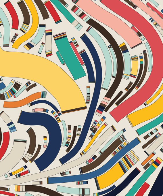 A vibrant abstract artwork titled "Fidenza #17" by Tyler Hobbs, featuring a dynamic composition of colorful curved bands and segmented strips arranged in swirling, rhythmic patterns across a cream background, exemplifying the generative art algorithm's signature blend of geometric precision and organic flow.