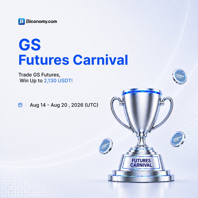 Biconomy.com promotional banner for 'GS Futures Carnival' with a silver trophy, offering to trade GS Futures and win up to 2,130 USDT between Aug 14 - Aug 20, 2026 (UTC).