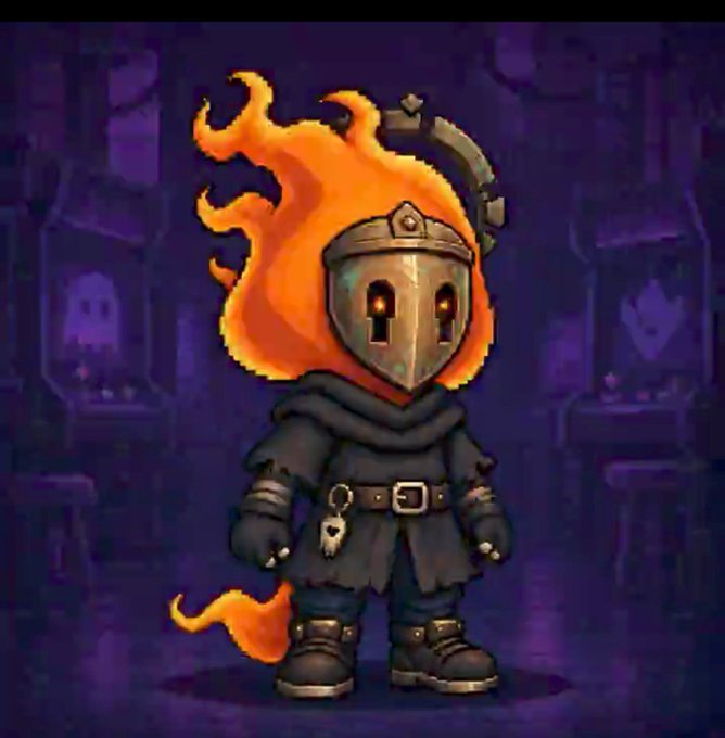 A pixel-art style game character resembling a small armored knight with a flaming orange head/hair, wearing a dark hooded outfit and holding keys, standing in a purple dungeon setting.