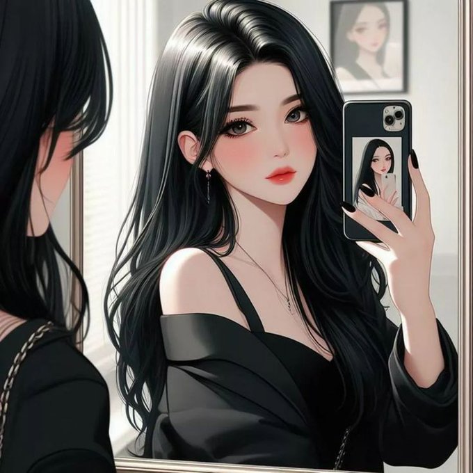 A stylized illustration of a woman with long black hair taking a mirror selfie with her iPhone, featuring a framed portrait in the background. The image doesn't depict any specific Web3 or crypto content but serves as a polished, aesthetic avatar-style visual paired with a motivational staking update about $RIVER on the River Inc. platform.