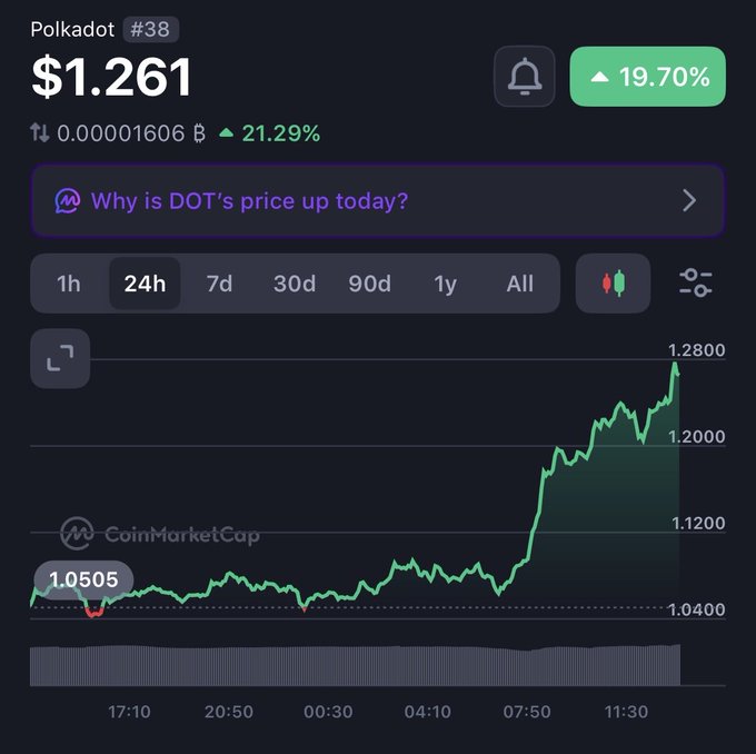 A CoinMarketCap price chart for Polkadot (DOT) showing the token at $1.261 with a 19.70% increase, featuring a sharp upward price movement from $1.0505 to $1.2800 over a 24-hour period.