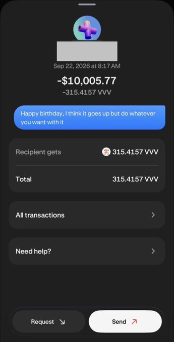 A screenshot of the Kraken (Krak) app shows a transaction of 315.4157 VVV ($10,005.77) sent on Sep 22, 2026 with a happy birthday note, illustrating the post's message about easily sending crypto tokens to family members.