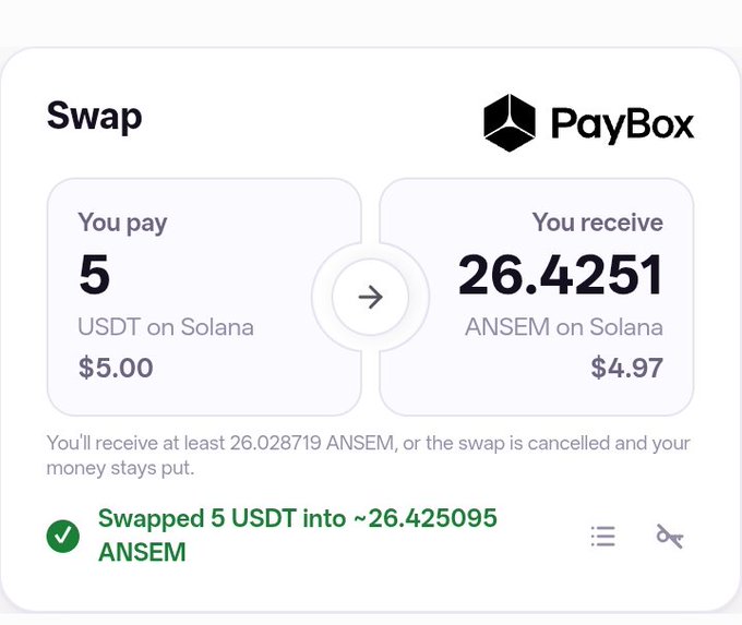 A screenshot of a PayBox swap transaction confirming the conversion of 5 USDT on Solana into 26.4251 ANSEM on Solana, with the post celebrating the smooth purchase of $ANSEM via PayBox as an alternative while waiting for a faucet to reopen.