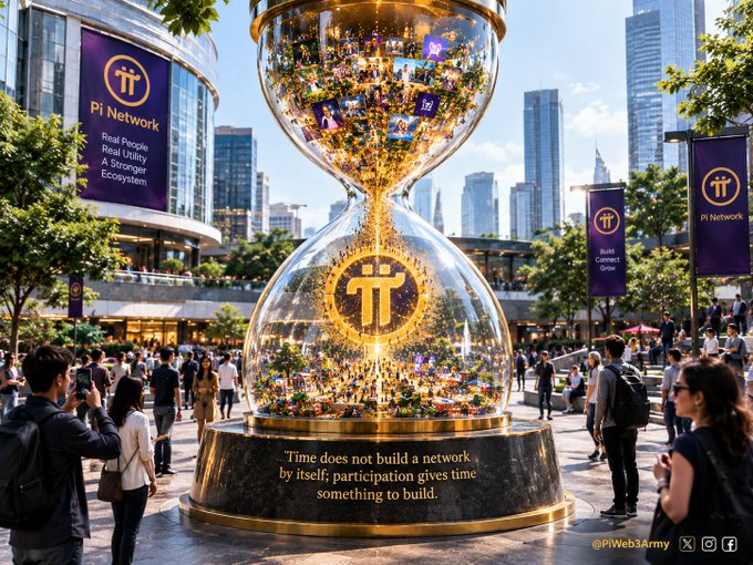A promotional display for 'Pi Network' featuring a large hourglass-shaped sculpture filled with people, surrounded by banners reading 'Pi Network' and 'Real People, Real Utility, A Stronger Ecosystem,' with the quote 'Time does not build a network by itself; participation gives time something to build.'