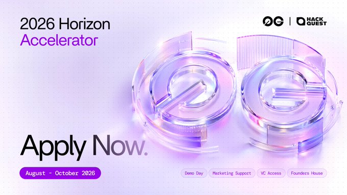 A sleek purple-toned promotional graphic announces the "2026 Horizon Accelerator" by 0G and HackQuest, with a large stylized "OG" rendered in iridescent 3D glass at center, an "Apply Now." call-to-action, and tags for "Demo Day," "Marketing Support," "VC Access," and "Founders House" running August–October 2026. The post highlights the program's standout features—a Token2049 stage demo, a five-day Founder House, and weekly access to the 0G team alongside GTM, fundraising, and compliance support—reinforcing the image's invitation to apply for this Web3 accelerator.