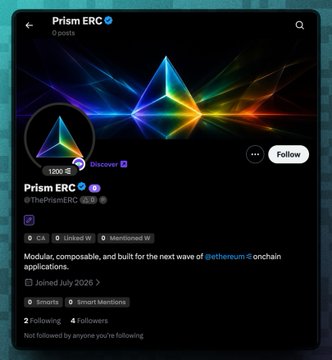 The image shows the Twitter/X profile of "Prism ERC" (@ThePrismERC), an account created on July 2026 with a bio stating "Modular, composable, and built for the next wave of @ethereum onchain applications," featuring 120K+ followers and 2 following.

The caption appears unrelated to the "Early Alphas" post about upcoming NFT projects, though both relate to the broader crypto/Web3 ecosystem—particularly Ethereum-based onchain applications and new blockchain launches.