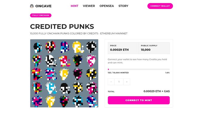 The OnCAVE NFT marketplace website displaying the 'CREDITED PUNKS' collection, featuring 10,000 fully onchain colored punks on the Ethereum Mainnet priced at 0.000029 ETH.