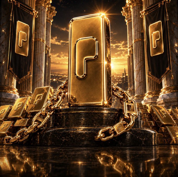 A massive golden ingot engraved with a stylized "P" sits atop a dark marble pedestal, wrapped in heavy gold chains, with smaller gold bars and additional "P" banners flanking it against a dramatic sunset cityscape — visually embodying the "$PBAR" Gold Standard and the promise to "Hold the gold. Earn $PONS."