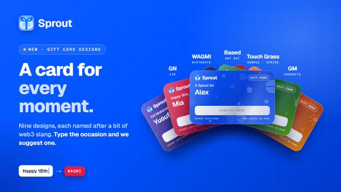 A promotional graphic for 'Sprout' gift cards reading 'A card for every moment,' showcasing nine designs named after web3 slang like 'WAGMI,' 'Based,' 'Touch Grass,' and 'GM,' with one card addressed 'A Sprout for Alex.'