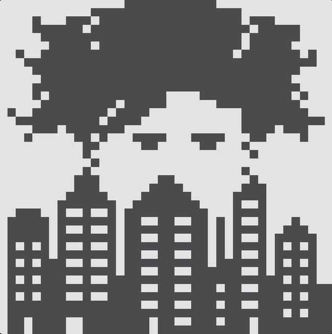 A pixel art style image showing the dark silhouette of a city skyline against a light gray background.