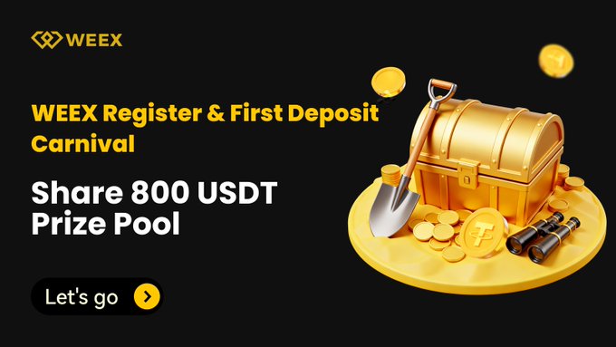 The image features an advertisement for a WEEX Register & First Deposit Carnival with a gold chest, a shovel, and a pile of gold coins. The title of the post reads "Weex Register And First Deposit [New To WEEX? Your first deposit could pay you back! $800] = 100 Winners How to win: REGISTER : bit.ly/47YJOrN First Deposit 50 USDT → Get 4 USDT First Deposit 100 USDT → Get 8 USDT Finish Gleam Task: gleam.io/aGFVe/weex-reg ... Users who complete a 100". The image has a lot of gold elements, and the overall design is gold and black.