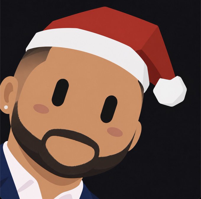 A cartoon avatar of a bearded man wearing a Santa hat against a black background.