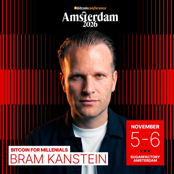 A promotional graphic for Bitcoin Conference Amsterdam 2026 features a headshot of speaker Bram Kanstein, tagged "Bitcoin for Millennials," with the event taking place November 5-6 at SugarFactory Amsterdam—directly promoting the conference the post invites followers to attend.