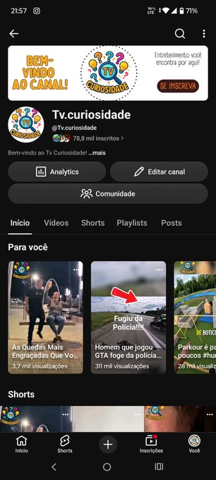 A screenshot of a YouTube mobile app showing the channel 'Tv.curiosidade' with 78.8 mil inscritos, displaying video thumbnails with Portuguese titles.