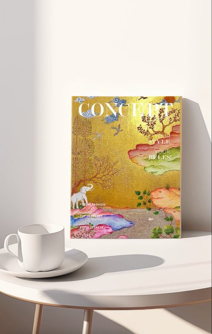 A mockup of a magazine titled 'CONCRETE' with an ornate, colorful cover featuring a white elephant, displayed next to a white coffee cup.