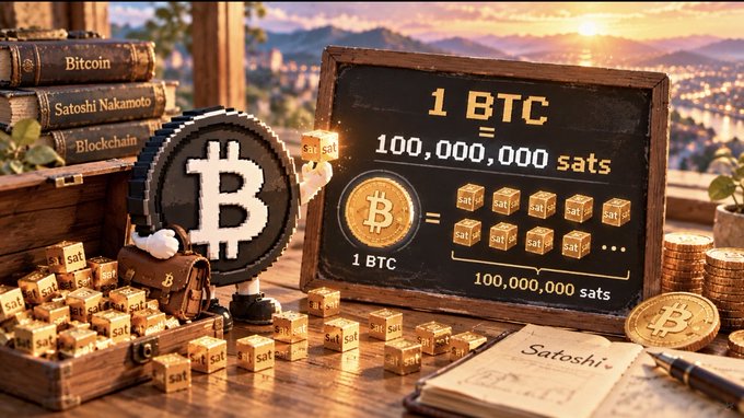 A digital illustration depicts a wooden table with a chalkboard explaining "1 BTC = 100,000,000 sats," surrounded by gold Bitcoin coins, books labeled "Bitcoin" and "Satoshi Nakamoto," and a pixel-art Bitcoin character.
