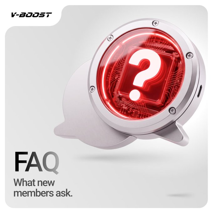 A V-Boost branded graphic featuring a 3D metallic speech bubble containing a glowing red question mark, with text below reading "FAQ - What new members ask." The image visually reinforces the post's invitation for potential members to find answers to common questions about joining V-Boost.